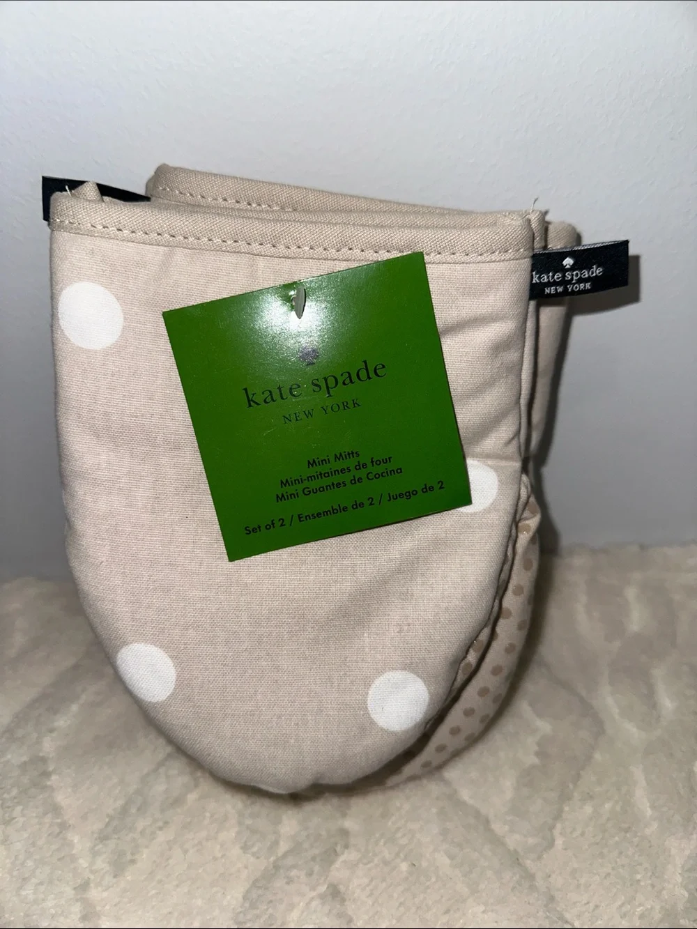 kate spade Beige White Large Polka Print Mini Oven Mitts set of 2